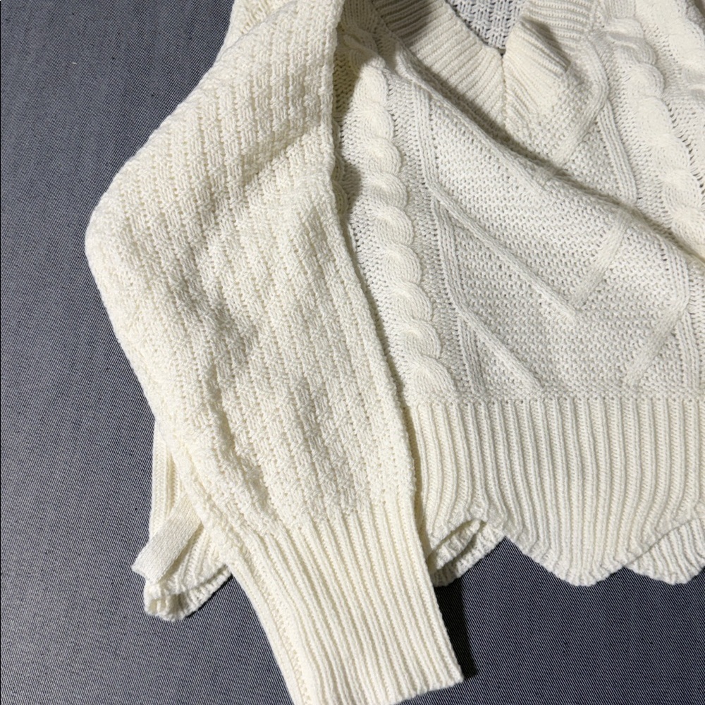 No Comment Cable Knit Sweater M Cream Lace Up Boho Scalloped Hem Acrylic F - 20 - Picture 3 of 7